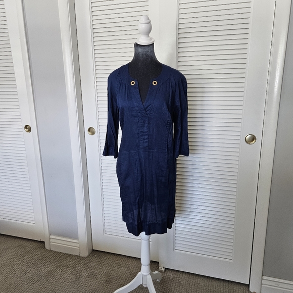 Jets Australia Blue Cotton Dress Beach Cover Up 3/4 Sleeves V Neck, Gold Rings - Picture 1 of 5